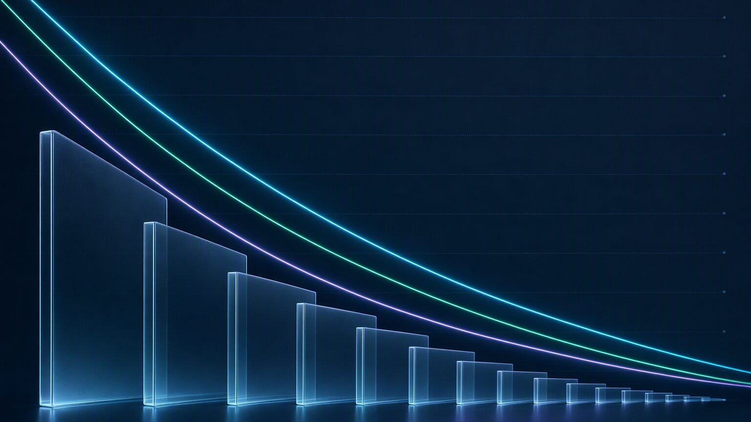 Abstract dark navy chart with descending neon price curves above a stack of shrinking glass panels