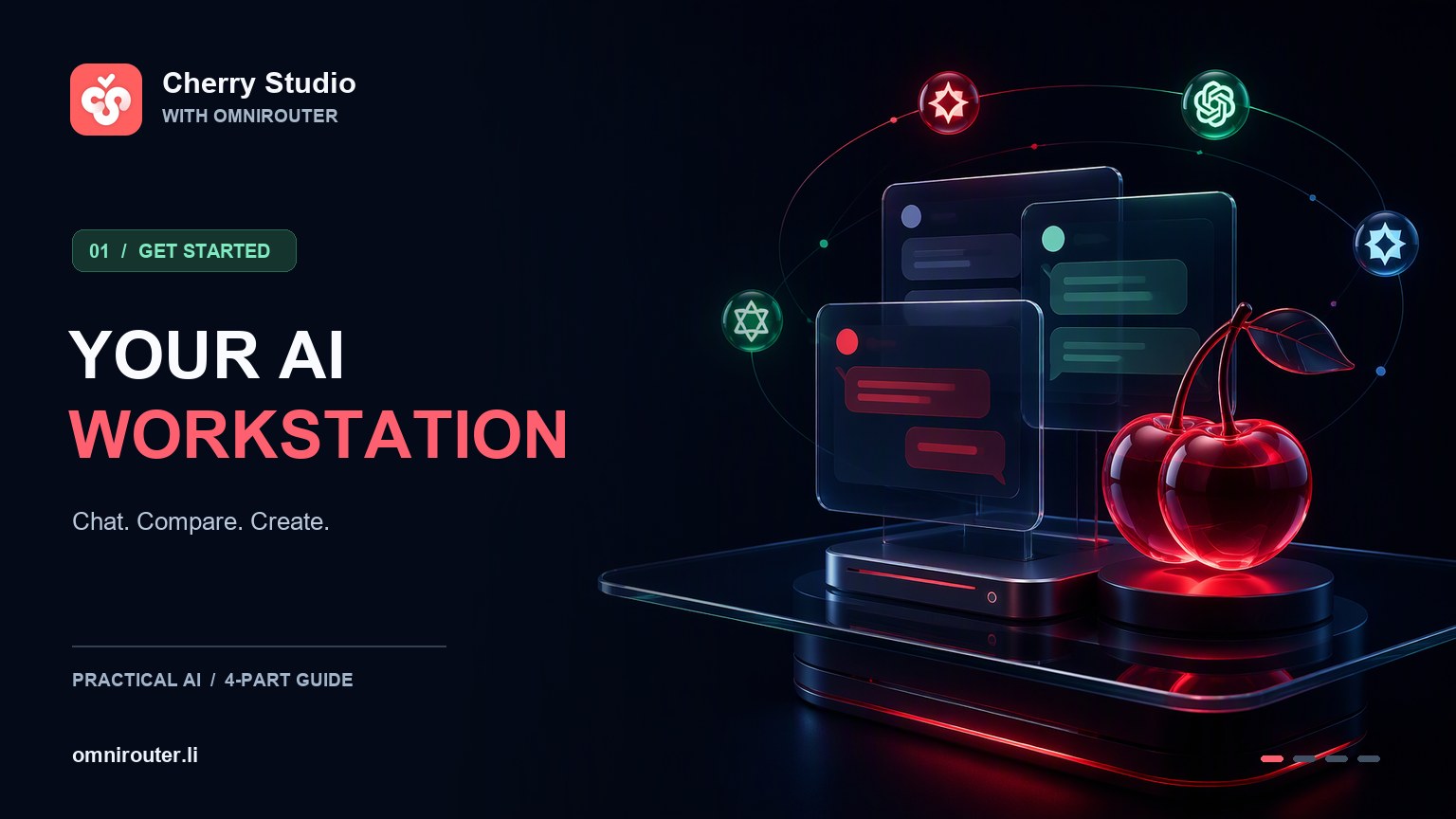 Cherry Studio logo beside Your AI Workstation lettering, glass chat panels and a red cherry sculpture.