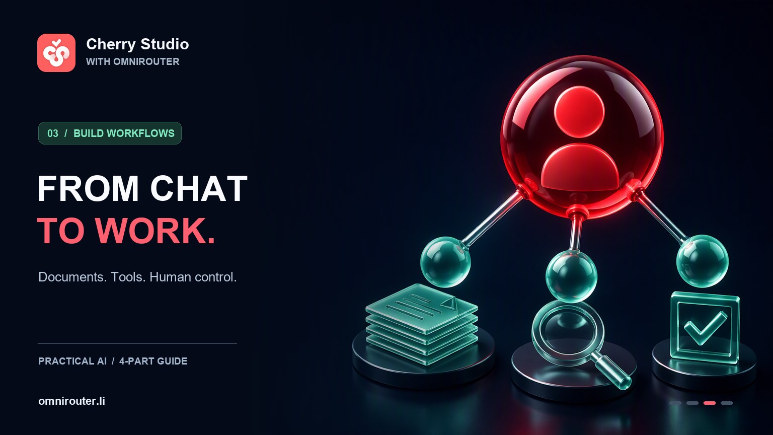 Cherry Studio logo with From Chat to Work lettering and a red central node connected to documents, a lens and a checkmark.